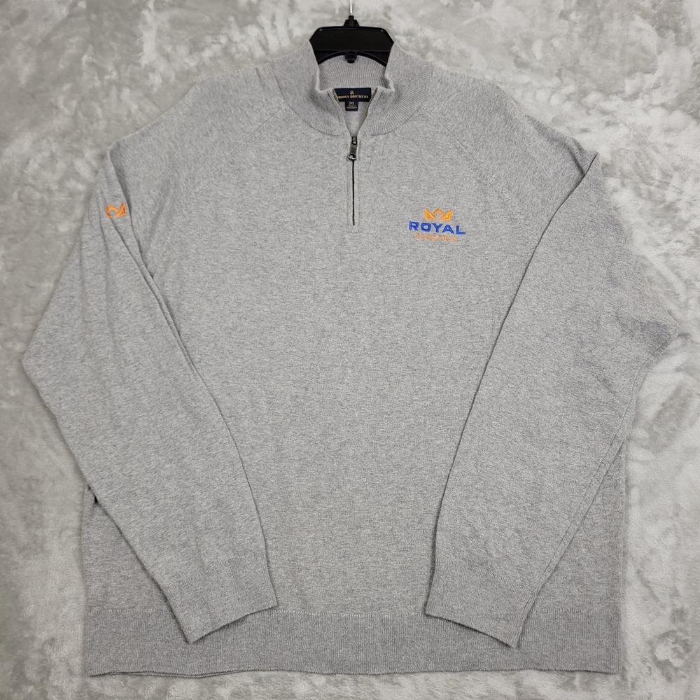 Brooks Brothers Mens 2XL Gray Cotton 1/4 Zip Long Sleeve Sweater Pullover Logo